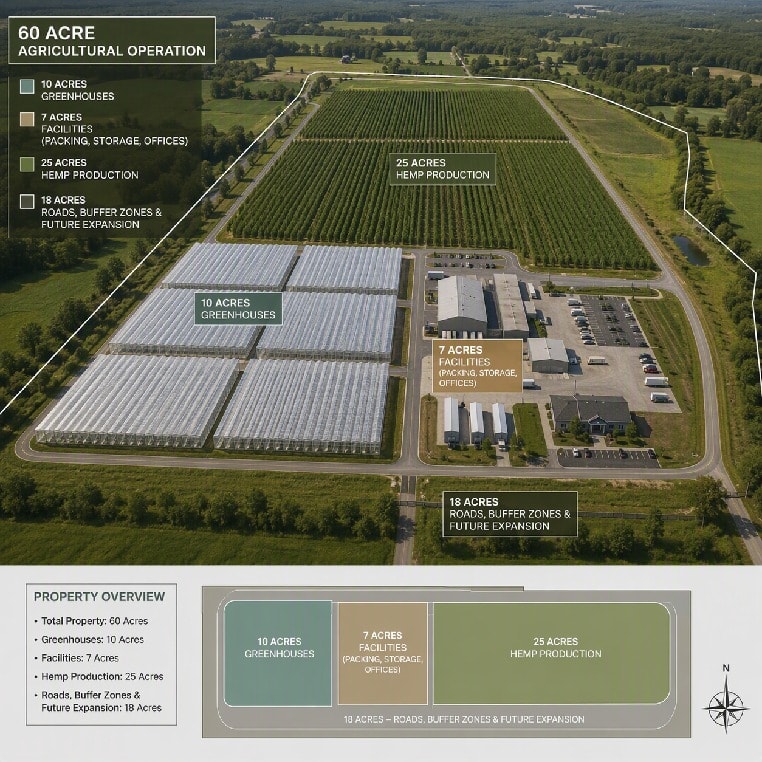 60-Acre Agricultural Operation site plan — 10 acres greenhouses, 25 acres hemp production, 7 acres facilities